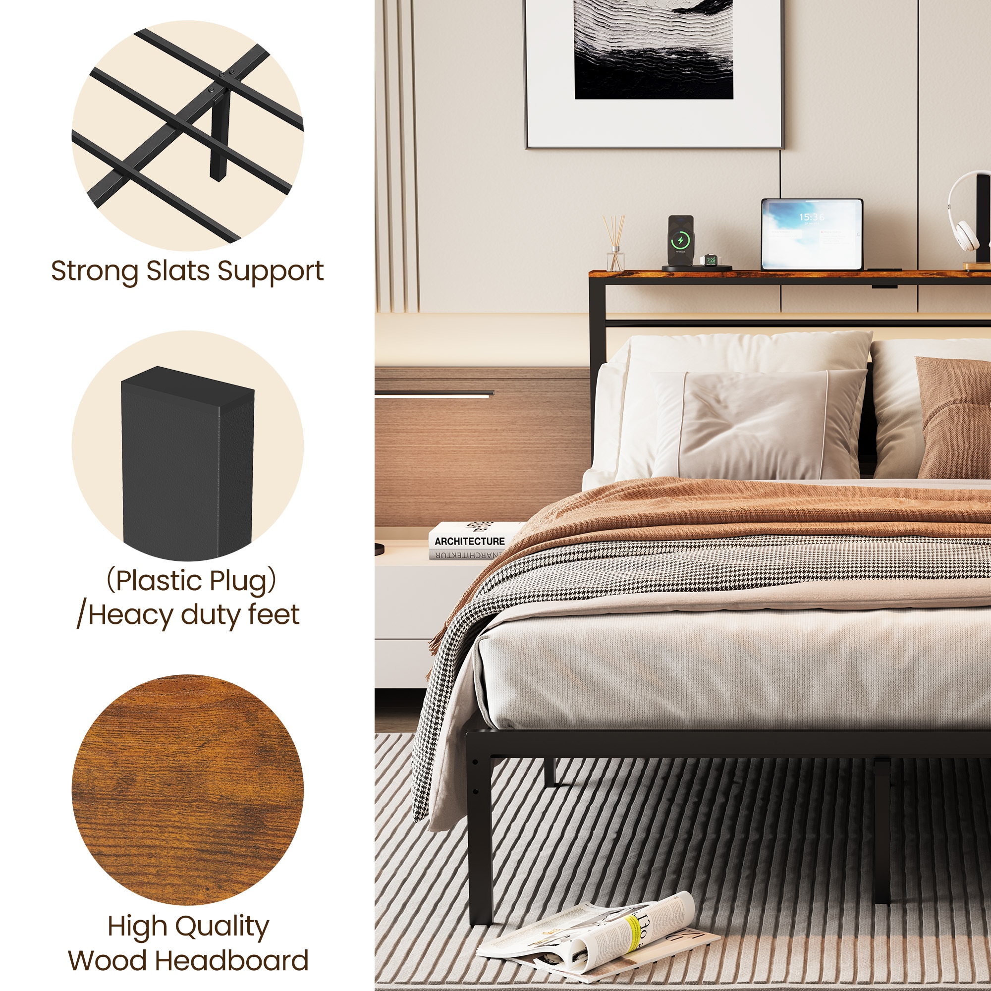 Full Size Bed Frame With Charging Station And Storage Headboard_voghion.com